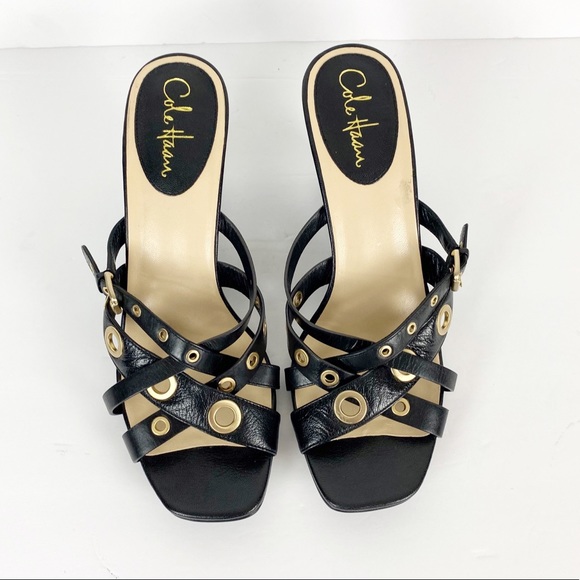 Cole Haan Black Strappy Wedge Leather Sandals - Picture 4 of 12